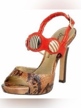Sam Edelman Red Strappy Snake-Print Heels with Gold Insole Sz 8 1/2 Women